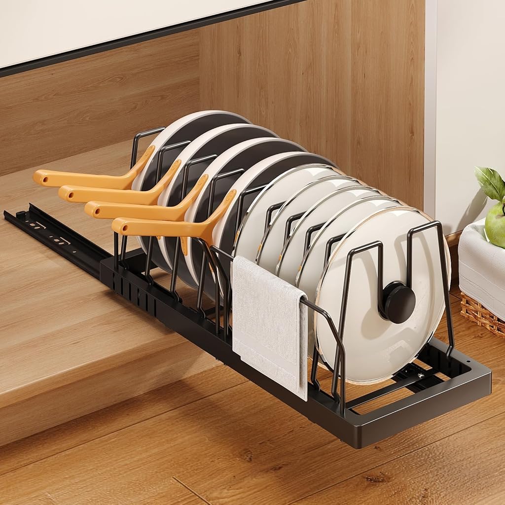 HASTHIP® Pots and Pans Organizer Under Cabinet, 42cm Deep Pull Out Pot Lid Organizer Holder with Guardrail Adhesive Pot and Pan Holder Rack 1 Pack(Black)-Black HASTHIP® Pots and Pans Organizer Under Cabinet, 42cm Deep Pull Out Pot Lid Organizer Holder with Guardrail Adhesive Pot and Pan Holder Rack 1 Pack(Black)-Black